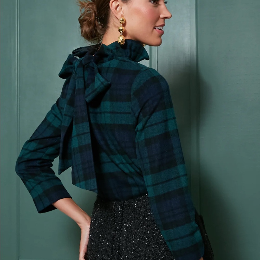 Tuckernuck Blackwatch Plaid Faye Blouse Wool‎ Blend Bow Back NWT